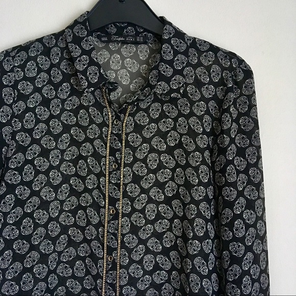 Zara Tops - Zara Skull Print sheer Button down shirt XS